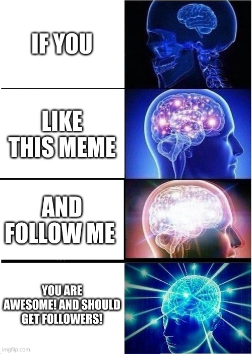 ur the best | IF YOU; LIKE THIS MEME; AND FOLLOW ME; YOU ARE AWESOME! AND SHOULD GET FOLLOWERS! | image tagged in memes,expanding brain | made w/ Imgflip meme maker