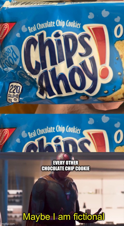 What other chocolate chip cookies? | EVERY OTHER CHOCOLATE CHIP COOKIE; Maybe I am fictional | image tagged in maybe i am a monster,memes,funny,cookies,chips ahoy | made w/ Imgflip meme maker