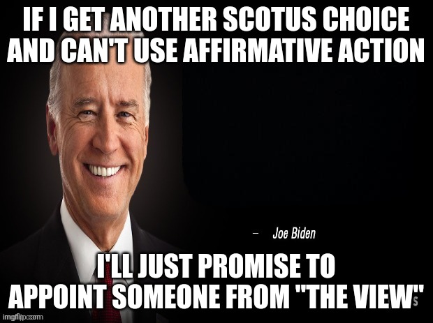 view | IF I GET ANOTHER SCOTUS CHOICE AND CAN'T USE AFFIRMATIVE ACTION; I'LL JUST PROMISE TO APPOINT SOMEONE FROM "THE VIEW" | image tagged in joe biden quote | made w/ Imgflip meme maker