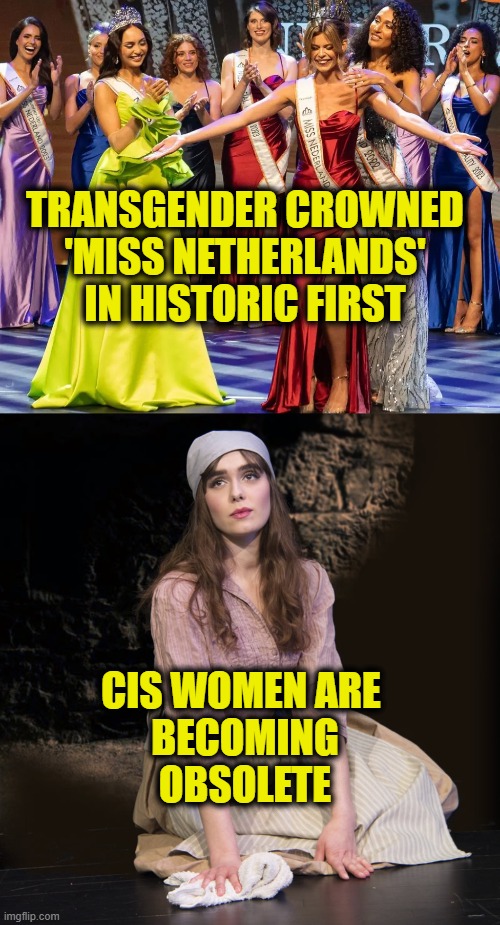 Women Need Not Apply | TRANSGENDER CROWNED
'MISS NETHERLANDS'
IN HISTORIC FIRST; CIS WOMEN ARE 
BECOMING
OBSOLETE | image tagged in culture | made w/ Imgflip meme maker