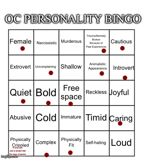 Awenasa | If you can call a snake tail for legs crippled | image tagged in oc personality bingo | made w/ Imgflip meme maker