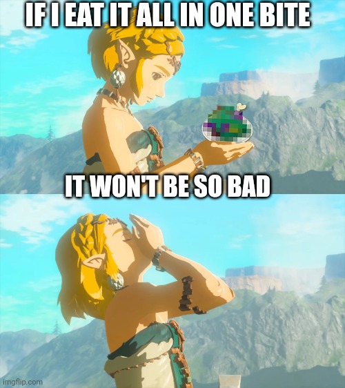 EATING LINKS COOKING | IF I EAT IT ALL IN ONE BITE; IT WON'T BE SO BAD | image tagged in the legend of zelda,the legend of zelda breath of the wild,tears of the kingdom | made w/ Imgflip meme maker
