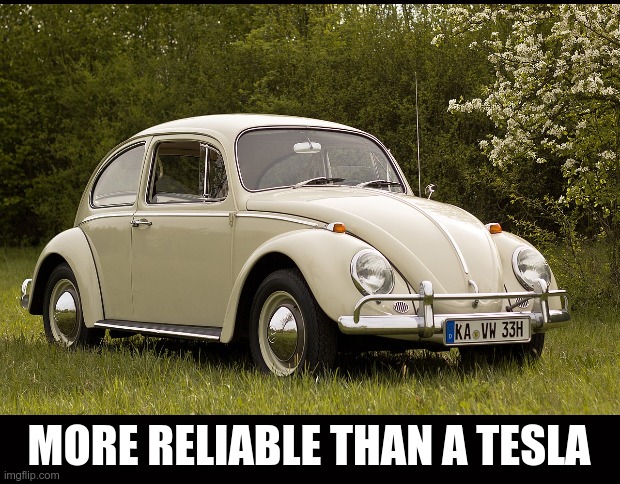 Bugs have fewer bugs.. | MORE RELIABLE THAN A TESLA | image tagged in vw bug,tesla,reliable,gasoline | made w/ Imgflip meme maker