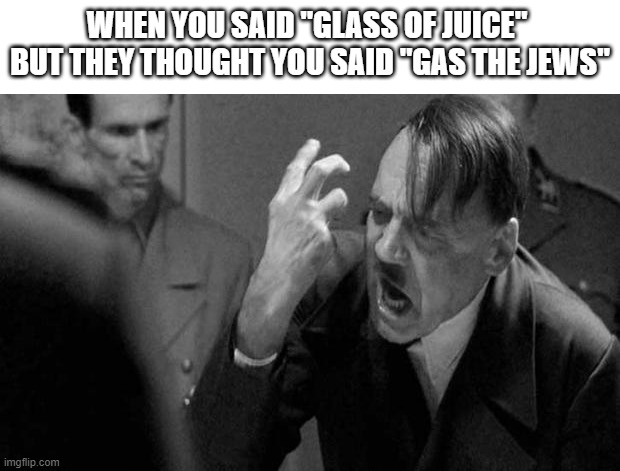 ahem what | WHEN YOU SAID "GLASS OF JUICE"  BUT THEY THOUGHT YOU SAID "GAS THE JEWS" | image tagged in hitler,ww2,dark humor,memes | made w/ Imgflip meme maker