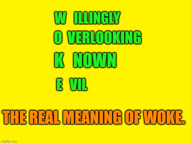 Yellow background | W   ILLINGLY; O  VERLOOKING; E   VIL; K   NOWN; THE REAL MEANING OF WOKE. | image tagged in yellow background | made w/ Imgflip meme maker