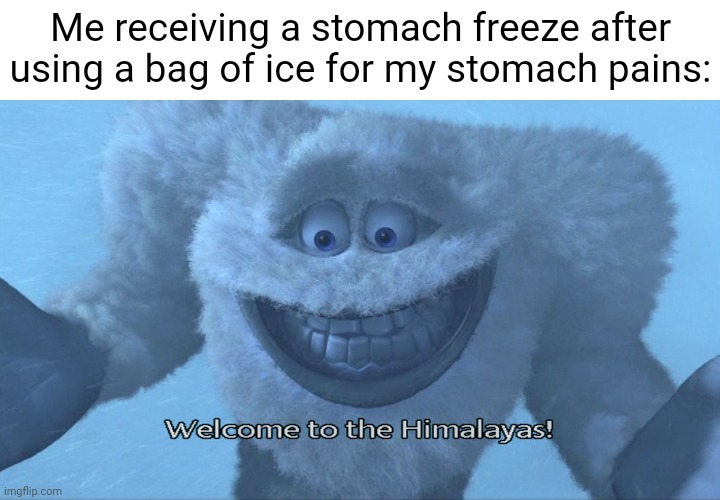 A stomach freeze | Me receiving a stomach freeze after using a bag of ice for my stomach pains: | image tagged in welcome to the himalayas,funny,memes,blank white template,stomach,ice | made w/ Imgflip meme maker