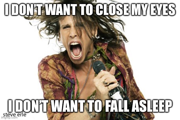 Steve Tyler Aerosmith | I DON’T WANT TO CLOSE MY EYES I DON’T WANT TO FALL ASLEEP | image tagged in steve tyler aerosmith | made w/ Imgflip meme maker