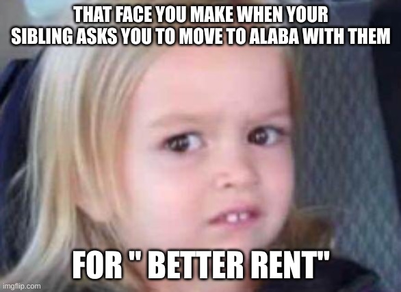 THAT FACE YOU MAKE WHEN YOUR SIBLING ASKS YOU TO MOVE TO ALABA WITH THEM; FOR " BETTER RENT" | image tagged in funny,funny memes | made w/ Imgflip meme maker