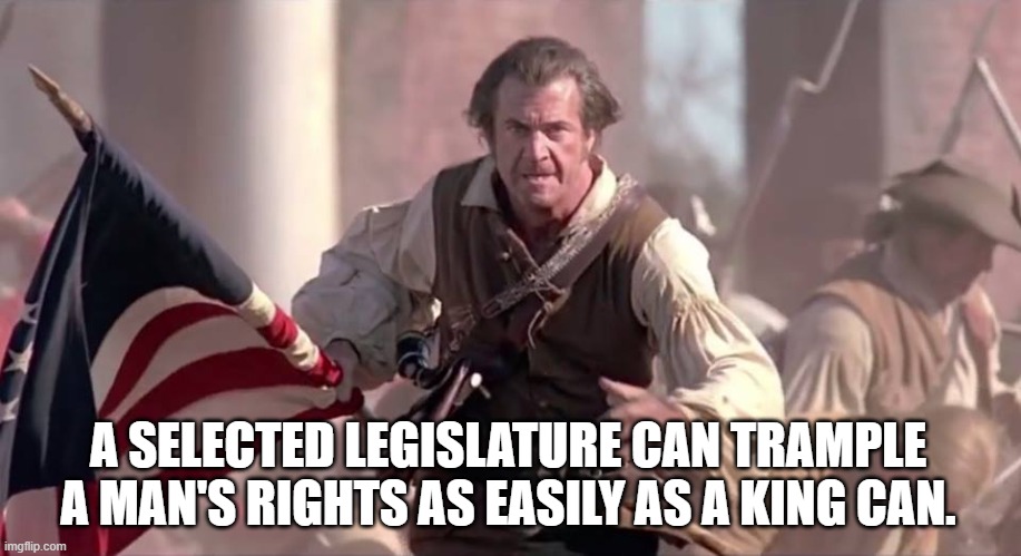 Truth!! | A SELECTED LEGISLATURE CAN TRAMPLE A MAN'S RIGHTS AS EASILY AS A KING CAN. | image tagged in the patriot,government,rights,kings | made w/ Imgflip meme maker