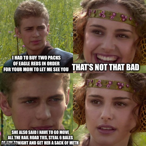 Anakin Padme 4 Panel | I HAD TO BUY TWO PACKS OF EAGLE REDS IN ORDER FOR YOUR MOM TO LET ME SEE YOU; THAT’S NOT THAT BAD; SHE ALSO SAID I HAVE TO GO MOVE ALL THE RAIL ROAD TIES, STEAL 6 BALES OF HAY TONIGHT AND GET HER A SACK OF METH | image tagged in anakin padme 4 panel | made w/ Imgflip meme maker
