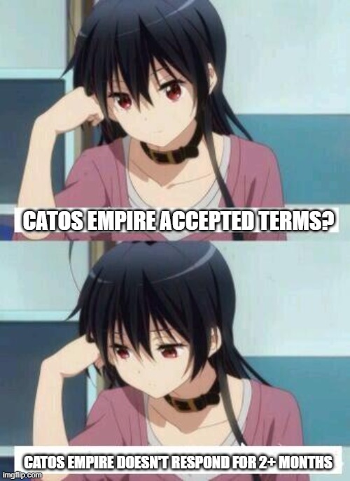 Anime Meme | CATOS EMPIRE ACCEPTED TERMS? CATOS EMPIRE DOESN'T RESPOND FOR 2+ MONTHS | image tagged in anime meme | made w/ Imgflip meme maker