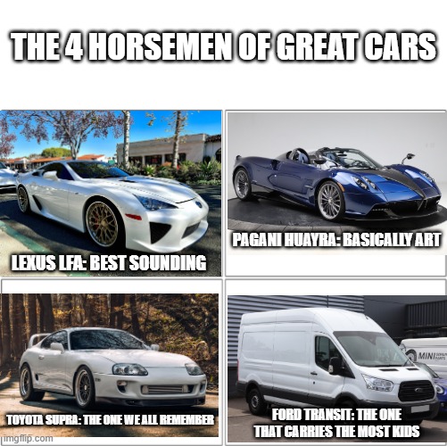 The 4 horsemen of | THE 4 HORSEMEN OF GREAT CARS; PAGANI HUAYRA: BASICALLY ART; LEXUS LFA: BEST SOUNDING; TOYOTA SUPRA: THE ONE WE ALL REMEMBER; FORD TRANSIT: THE ONE THAT CARRIES THE MOST KIDS | image tagged in the 4 horsemen of,memes,funny,cars,kidnapping,dark humor | made w/ Imgflip meme maker