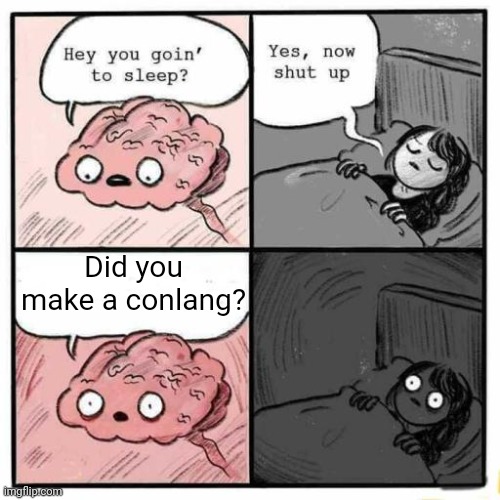 Conlang Challenge, read the comment | Did you make a conlang? | image tagged in hey you going to sleep | made w/ Imgflip meme maker