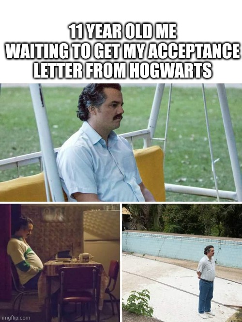 And it never came... | 11 YEAR OLD ME WAITING TO GET MY ACCEPTANCE LETTER FROM HOGWARTS | image tagged in memes,sad pablo escobar | made w/ Imgflip meme maker