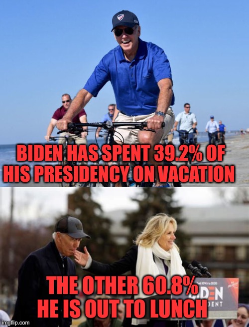 What a waste of money. All Americans deserve better. | BIDEN HAS SPENT 39.2% OF HIS PRESIDENCY ON VACATION; THE OTHER 60.8% HE IS OUT TO LUNCH | image tagged in biden,vacation,out to lunch | made w/ Imgflip meme maker