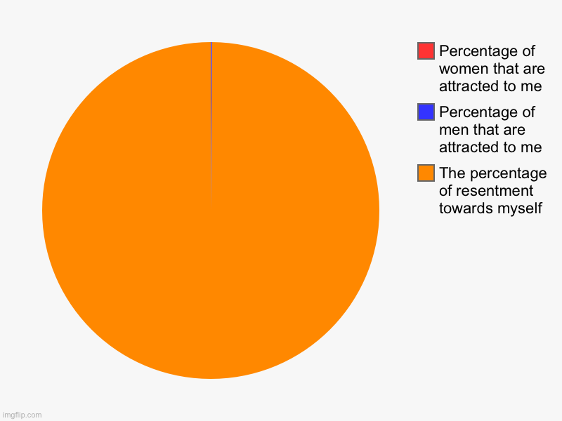 The percentage of resentment towards myself, Percentage of men that are attracted to me, Percentage of women that are attracted to me | image tagged in charts,pie charts | made w/ Imgflip chart maker