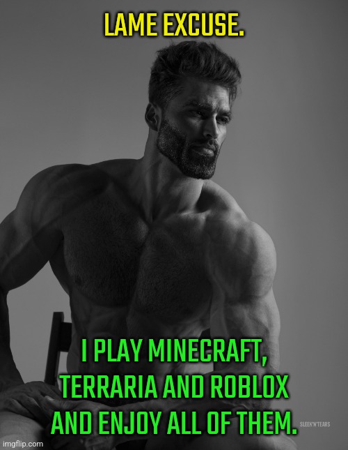 Giga Chad | LAME EXCUSE. I PLAY MINECRAFT, TERRARIA AND ROBLOX AND ENJOY ALL OF THEM. | image tagged in giga chad | made w/ Imgflip meme maker