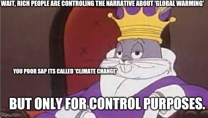 Bugs Bunny King | WAIT, RICH PEOPLE ARE CONTROLING THE NARRATIVE ABOUT 'GLOBAL WARMING' YOU POOR SAP ITS CALLED 'CLIMATE CHANGE' BUT ONLY FOR CONTROL PURPOSES | image tagged in bugs bunny king | made w/ Imgflip meme maker