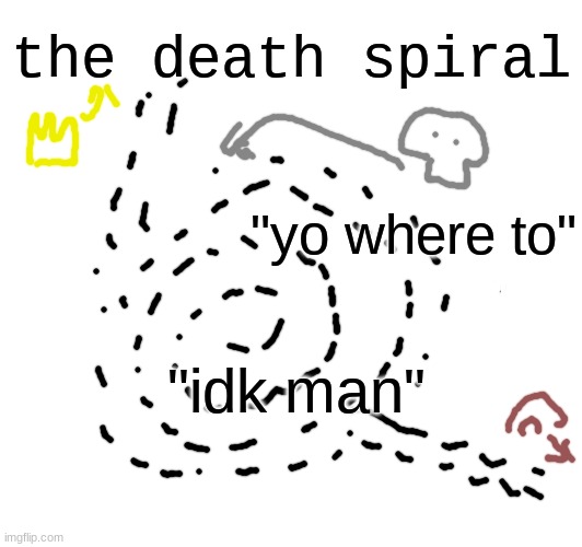 not really a home but still a place where the rest* | the death spiral; "yo where to"; "idk man" | made w/ Imgflip meme maker