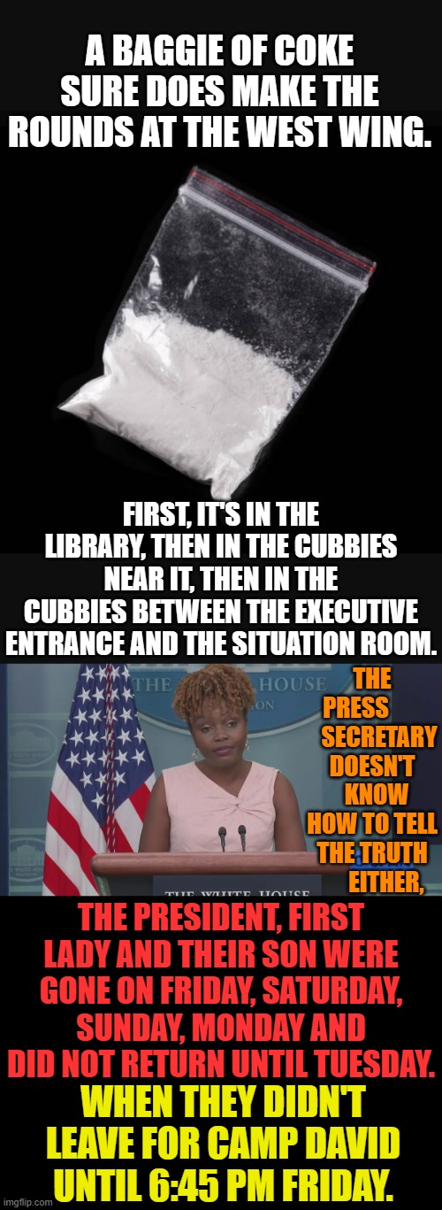 More Cover Ups...Don't Any Democrats Know How To Tell The Truth? | A BAGGIE OF COKE SURE DOES MAKE THE ROUNDS AT THE WEST WING. FIRST, IT'S IN THE LIBRARY, THEN IN THE CUBBIES NEAR IT, THEN IN THE CUBBIES BETWEEN THE EXECUTIVE ENTRANCE AND THE SITUATION ROOM. THE PRESS           SECRETARY DOESN'T   KNOW HOW TO TELL THE TRUTH       EITHER, THE PRESIDENT, FIRST LADY AND THEIR SON WERE GONE ON FRIDAY, SATURDAY, SUNDAY, MONDAY AND DID NOT RETURN UNTIL TUESDAY. WHEN THEY DIDN'T LEAVE FOR CAMP DAVID UNTIL 6:45 PM FRIDAY. | image tagged in memes,politics,cocaine,cover up,democrats,stories | made w/ Imgflip meme maker