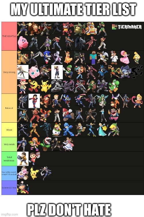 Btw olimar is so bad and has no sauce going on, so it's sooo bad he has a own tier. At the bottom. | MY ULTIMATE TIER LIST; PLZ DON'T HATE | made w/ Imgflip meme maker