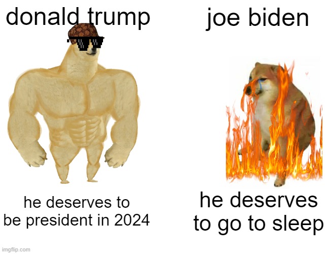 donald trump joe biden he deserves to be president in 2024 he deserves to go to sleep | image tagged in memes,buff doge vs cheems | made w/ Imgflip meme maker