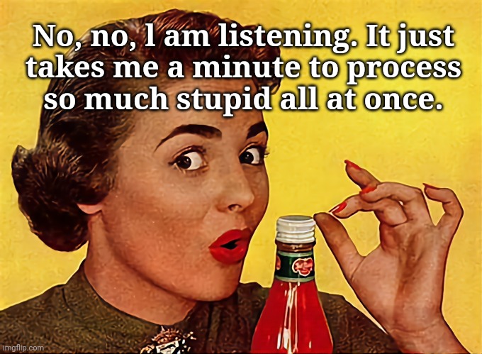 Can't Fix Stupid | No, no, l am listening. It just
takes me a minute to process
so much stupid all at once. | image tagged in stupid people,listening,not listening | made w/ Imgflip meme maker