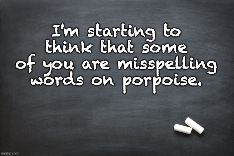 Spelling | I'm starting to think that some of you are misspelling words on porpoise. | image tagged in black chalkboard | made w/ Imgflip meme maker