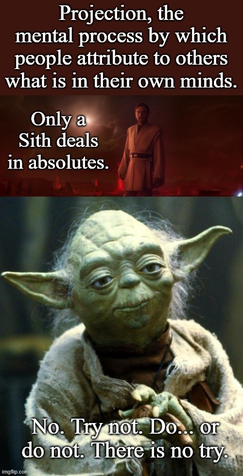 Jedi Projection | Projection, the mental process by which people attribute to others what is in their own minds. Only a Sith deals in absolutes. No. Try not. Do... or do not. There is no try. | image tagged in only a sith deals in absolutes,memes,star wars yoda | made w/ Imgflip meme maker