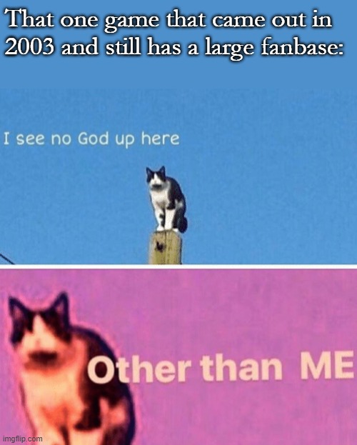 Hail pole cat | That one game that came out in 2003 and still has a large fanbase: | image tagged in hail pole cat | made w/ Imgflip meme maker