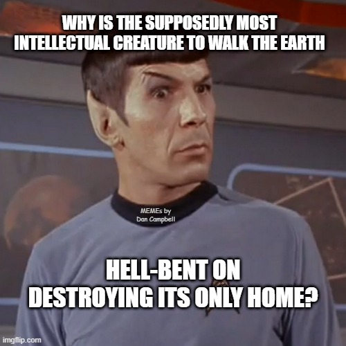 Puzzled Spock | WHY IS THE SUPPOSEDLY MOST INTELLECTUAL CREATURE TO WALK THE EARTH; MEMEs by Dan Campbell; HELL-BENT ON DESTROYING ITS ONLY HOME? | image tagged in puzzled spock | made w/ Imgflip meme maker