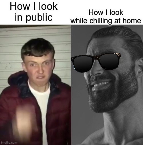 public vs home | How I look while chilling at home; How I look in public | image tagged in funny,relatable,gigachad,public,home | made w/ Imgflip meme maker