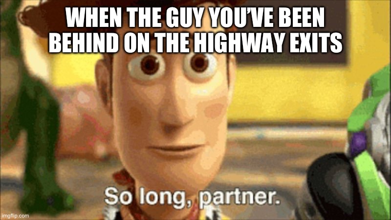 It’s so sad | WHEN THE GUY YOU’VE BEEN BEHIND ON THE HIGHWAY EXITS | image tagged in so long partner,funny,relatable,cars | made w/ Imgflip meme maker