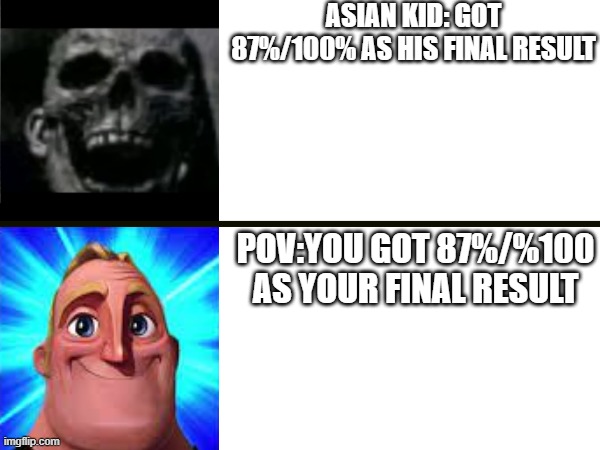 pov: | ASIAN KID: GOT 87%/100% AS HIS FINAL RESULT; POV:YOU GOT 87%/%100 AS YOUR FINAL RESULT | image tagged in school | made w/ Imgflip meme maker