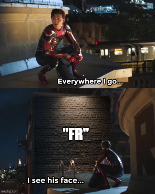 Everywhere I Go Spider-Man | "FR" | image tagged in everywhere i go spider-man | made w/ Imgflip meme maker