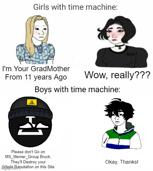 i wish someone told about ms_memer_group | Wow, really??? I'm Your GradMother From 11 years Ago; Please don't Go on MS_Memer_Group Bruck, They'll Destroy your Whole Reputation on this Site; Okay, Thanks! | image tagged in time machine,memes | made w/ Imgflip meme maker