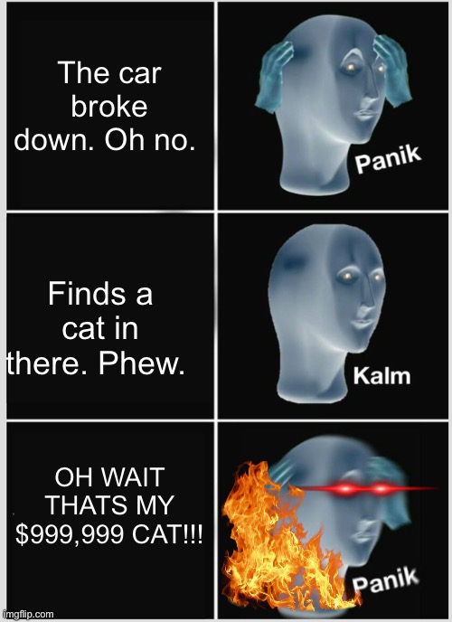 Panik Kalm Panik | The car broke down. Oh no. Finds a cat in there. Phew. OH WAIT THATS MY $999,999 CAT!!! | image tagged in memes,panik kalm panik | made w/ Imgflip meme maker