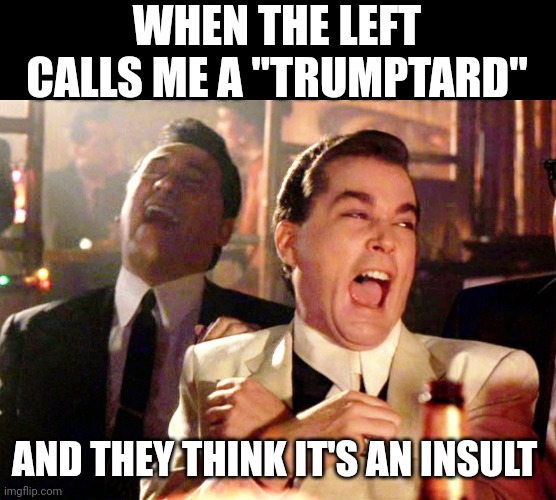 "Trumptard," "Trumper," "trumpette..." At this point, it's a term of endearment. | WHEN THE LEFT CALLS ME A "TRUMPTARD"; AND THEY THINK IT'S AN INSULT | image tagged in memes,good fellas hilarious | made w/ Imgflip meme maker