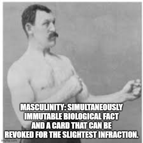 Masculine man | MASCULINITY: SIMULTANEOUSLY IMMUTABLE BIOLOGICAL FACT AND A CARD THAT CAN BE REVOKED FOR THE SLIGHTEST INFRACTION. | image tagged in masculine man | made w/ Imgflip meme maker