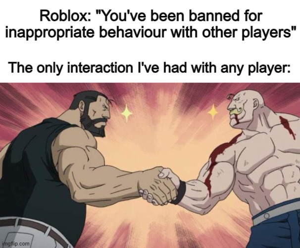 People get banned for the DUMBEST reasons DX | Roblox: "You've been banned for inappropriate behaviour with other players"; The only interaction I've had with any player: | image tagged in armstrong handshake | made w/ Imgflip meme maker