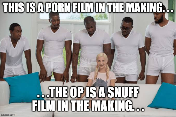 One girl five guys | THIS IS A PORN FILM IN THE MAKING. . . . . .THE OP IS A SNUFF FILM IN THE MAKING. . . | image tagged in one girl five guys | made w/ Imgflip meme maker