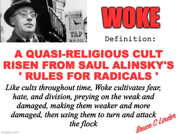 Woke Defined | WOKE; Definition:; A QUASI-RELIGIOUS CULT
RISEN FROM SAUL ALINSKY'S
' RULES FOR RADICALS '; Like cults throughout time, Woke cultivates fear,
hate, and division, preying on the weak and
damaged, making them weaker and more
damaged, then using them to turn and attack
the flock; Bruce C Linder | image tagged in woke,definition,saul alinsky,cult,weak,damaged | made w/ Imgflip meme maker