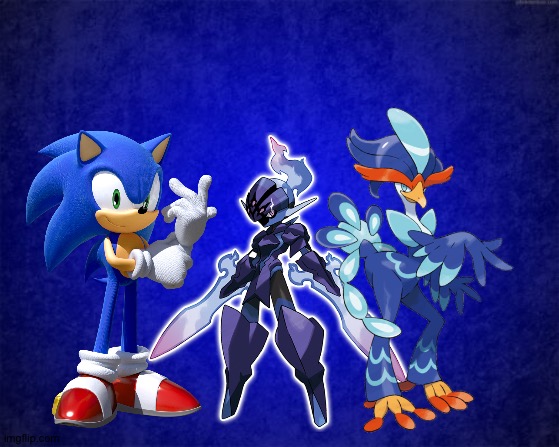 Sonic,Quaquaval and Ceruledge are 100% amazing | image tagged in blue background,crossover,sonic the hedgehog,pokemon | made w/ Imgflip meme maker