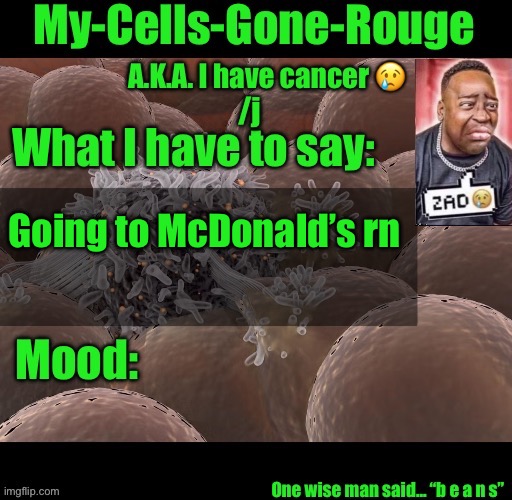 My-Cells-Gone-Rouge announcement | Going to McDonald’s rn | image tagged in my-cells-gone-rouge announcement | made w/ Imgflip meme maker
