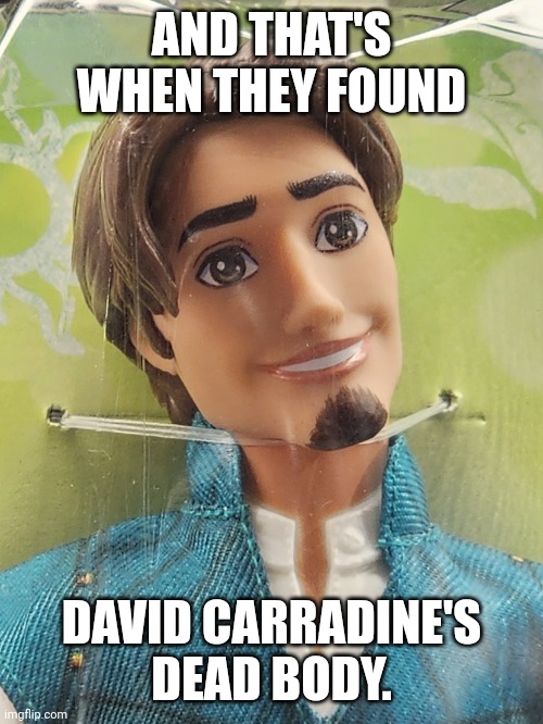 Flynn Ryder Toy Strangled | AND THAT'S WHEN THEY FOUND; DAVID CARRADINE'S DEAD BODY. | image tagged in flynn ryder toy strangled | made w/ Imgflip meme maker