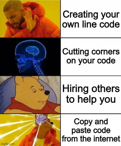 Every coder throughout the entire internet XD | Creating your own line code; Cutting corners on your code; Hiring others to help you; Copy and paste code from the internet | image tagged in drake brain pooh crossover | made w/ Imgflip meme maker
