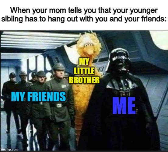 It's embarrassing :1 | When your mom tells you that your younger sibling has to hang out with you and your friends:; MY LITTLE BROTHER; MY FRIENDS; ME | image tagged in out of place star wars | made w/ Imgflip meme maker