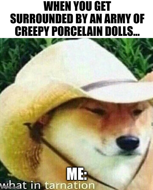When you are surrounded by creepy porcelain dolls | WHEN YOU GET SURROUNDED BY AN ARMY OF CREEPY PORCELAIN DOLLS... ME: | image tagged in what in tarnation dog | made w/ Imgflip meme maker