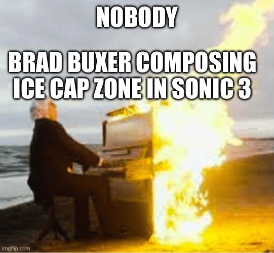 Certified banger | NOBODY; BRAD BUXER COMPOSING ICE CAP ZONE IN SONIC 3 | image tagged in playing flaming piano | made w/ Imgflip meme maker