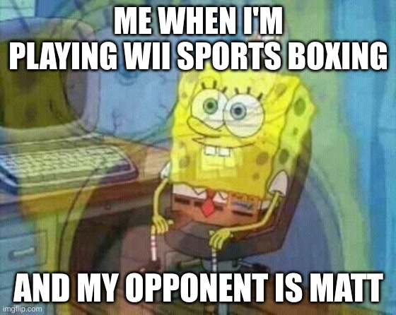 That dude is unstoppable | ME WHEN I'M PLAYING WII SPORTS BOXING; AND MY OPPONENT IS MATT | image tagged in spongebob panic inside,wii sports,matt | made w/ Imgflip meme maker